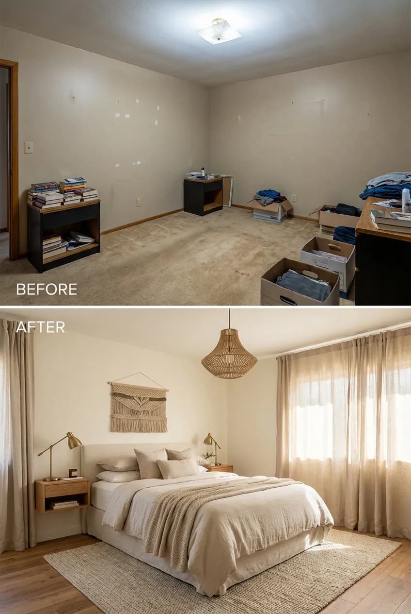 From Drab to Dreamy: Transforming a Dated Bedroom into a Warm Transitional Sanctuary