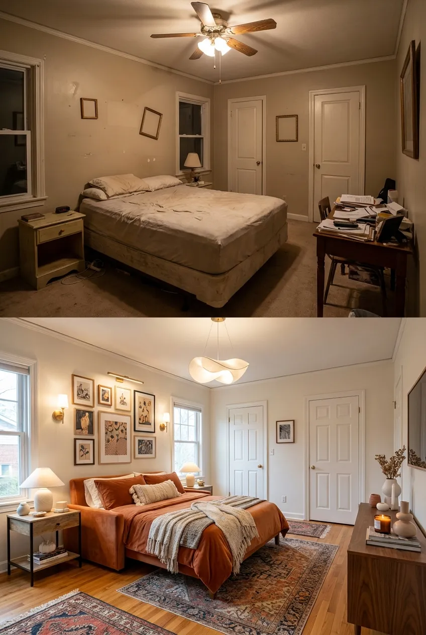 Eclectic Bedroom Bliss: Transforming Dated to Daring with Texture and Art