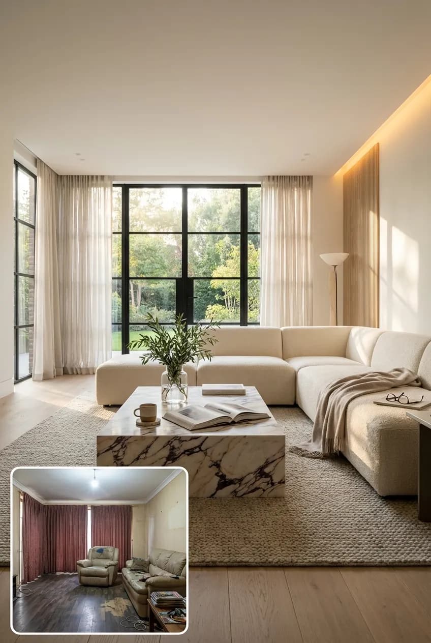 Modern living room after transformation with hero angle